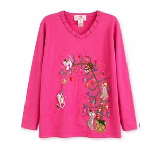 Quacker Factory Pink Christmas Cat Tree Embellished Sweater XL Ramie Cotton